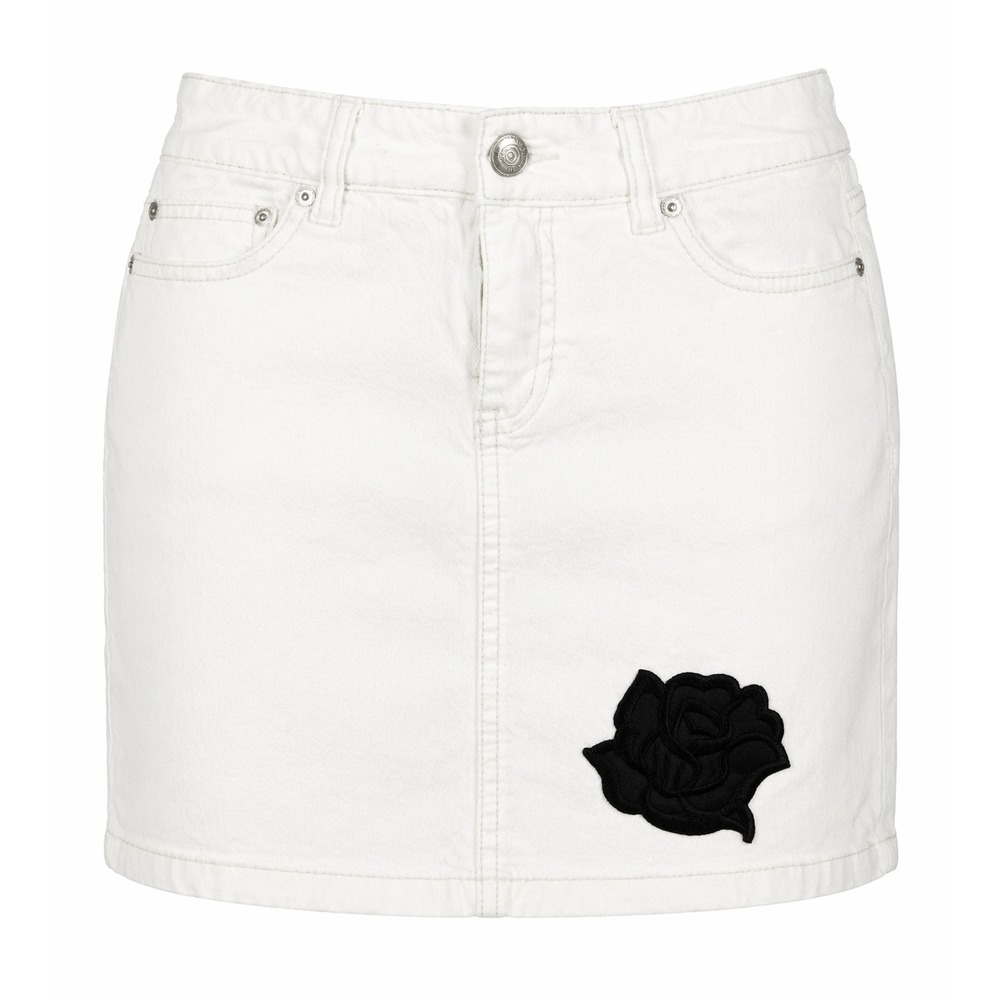 White House Black Market Denim Mini Skirt Women Size 2 White Floral Stretch - Picture 1 of 13